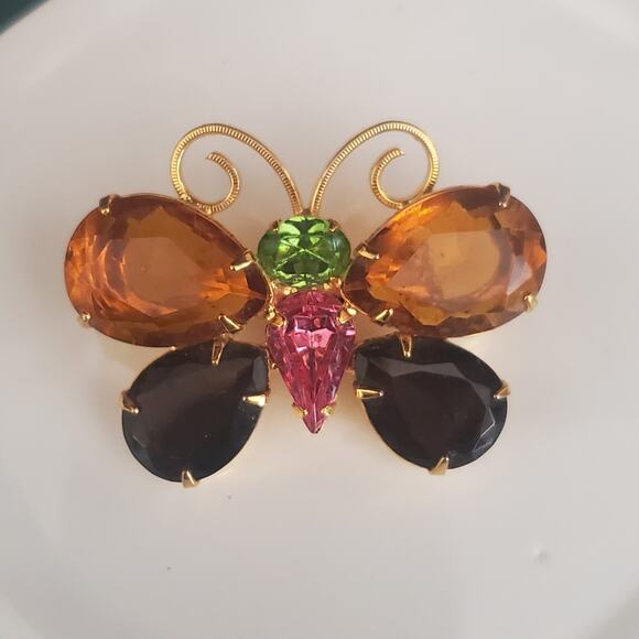 Vintage Joan‎ Rivers Butterfly Brooch Pin Gold Plated Multicolored Stones 90's - Picture 4 of 5